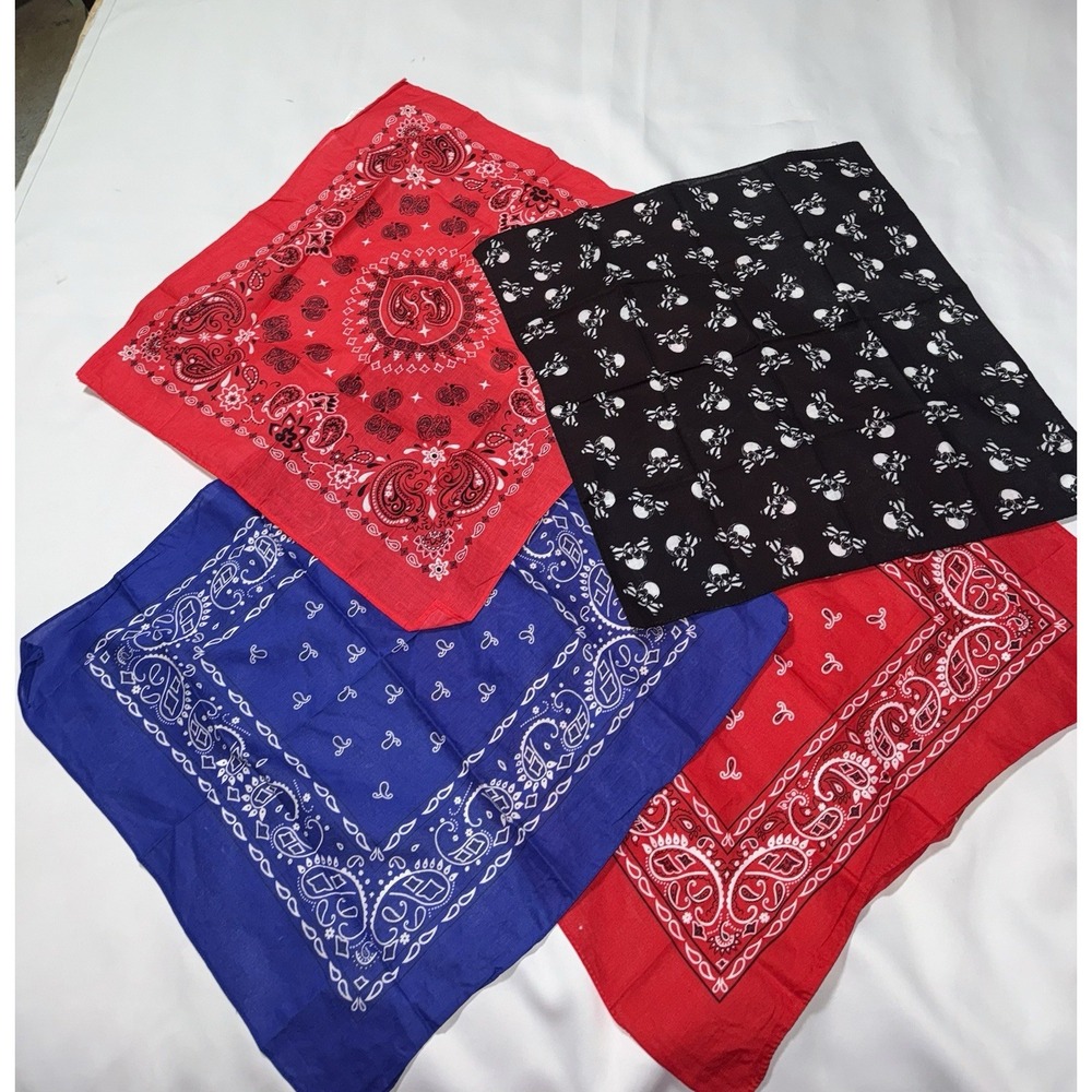 Lot of four vintage cotton bandanas  red blue skull paisley Hippie Boho Festival